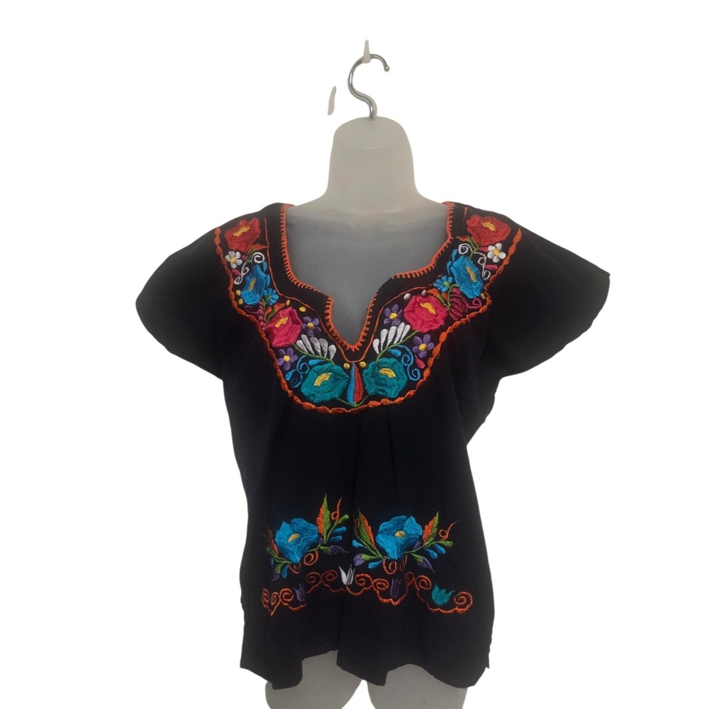 Mexican Floral Embroidered Blouse Black Boho V-Neck Cap Sleeve Top Small